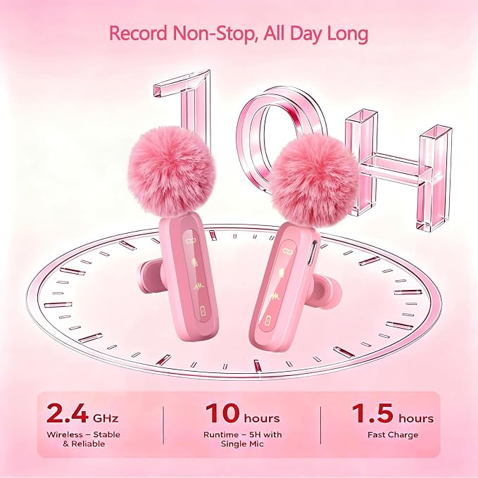 Pink Wireless Lavalier Microphone for iPhone/Android, 60ft Transmission, Record While Charging, Ultra-Long Battery Life, Noise Reduction, Plug & Play, for Vlog TikTok YouTube (Pink) - Image 3
