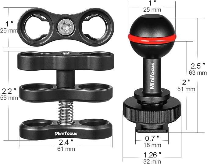 MINIFOCUS 1'' Ball Clamp Mount with Cold Shoe Ball Mount Head Base Adapter Connector for Diving Light Arm Underwater Camera Waterproof Housings Case Video/Flash/Strobe Hot Shoes - Image 5