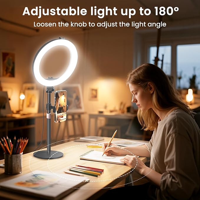 MACTREM 10“ Desk Ring Light with Stand, Desktop LED Circle Halo Light with Phone Holder for Computer Zoom Meeting, Laptop Light for Conference Video Calls, Live Streaming, Podcast, Selfie, Makeup - Image 9