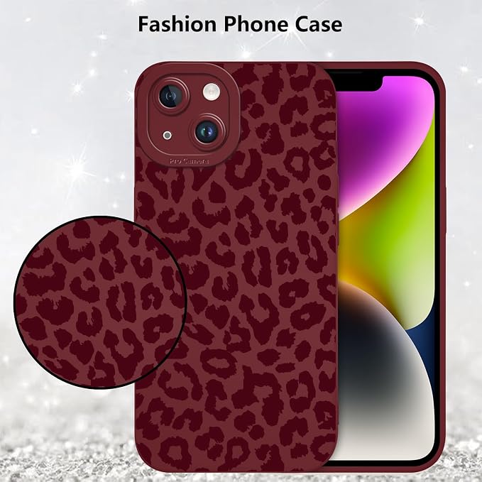 Cute Burgundy Cheetah Print Phone Case for iPhone 14 6.1" | Aesthetic Leopard Pattern Design Cover Full Camera Lens Protective Shockproof Soft Slim TPU Funda for Women Girls - Image 6