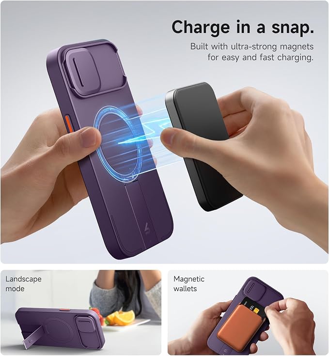 SURITCH for iPhone 15 Case with Magnetic Camera Slide Cover and Adjustable Kickstand, Compatible with MagSafe, Shockproof Bumper Case Slim Protective Cover 6.1 Inch, Dark Purple - Image 3