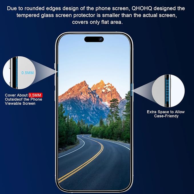 QHOHQ 3 Pack Screen Protector for iPhone 15 Pro [6.1 Inch] with 3 Pack Camera Lens Protector, Tempered Glass Film, HD Clear, 9H Hardness, No Bubbles, Case Friendly - Image 3