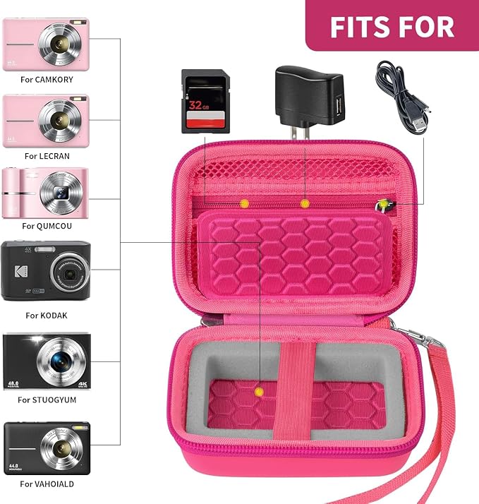 Comecase Digital Camera Case for Kodak PIXPRO FZ45 FZ55, Bright Pink | Fits Cameras up to 4.33 x 3.07 x 2.3 in, Pre-Cut Foam, Elastic Strap&Hand Strap, Mesh Pocket for Accessories, Case Only - Image 2