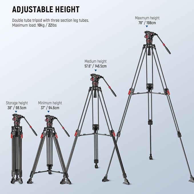 NEEWER 78" Video Camera Tripod Carbon Fiber with Damping Adjustable Fluid Head, One Step Quick Release with QR Plate & Handle, Heavy Duty Tripod Stand for DSLR Cameras Camcorders, Max Load 22lb, LL37 - Image 2