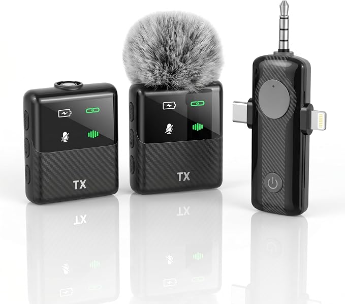 DORNLAT Wireless Lavalier Microphone, 3 in 1 Plug Play Lapel Mic for iPhone/Android/Camera, Noise Cancelling, Mini Compact Lavalier Mic for Vlog, YouTube, TikTok, Live Streaming, Record Interview by DORNLAT