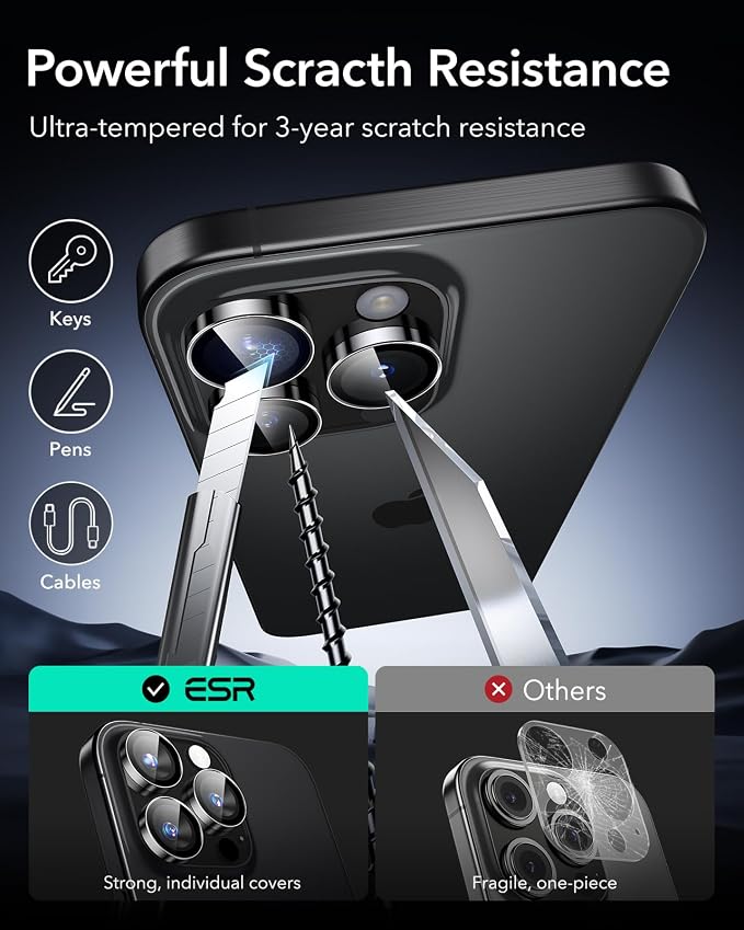 ESR for iPhone 17 Pro Max/17 Pro Camera Lens Protector, 2 Pack, Black | Individual Camera Cover, 9H Tempered Glass, Original Camera Clarity, for iPhone 17/16/15/14 Pro Max/Pro - Image 7