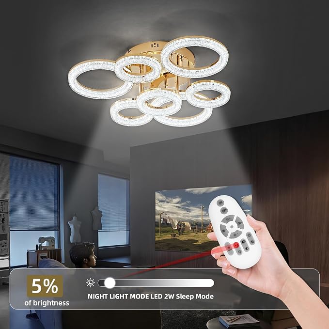 Modern Ceiling Light, 7 Rings 23'' Dimmable LED 106W Flush Mount Ceiling Lights with Remote Acrylic Crystal Round Ceiling Light Fixture, Bedroom Living Room Dining Room, Gold - Image 7