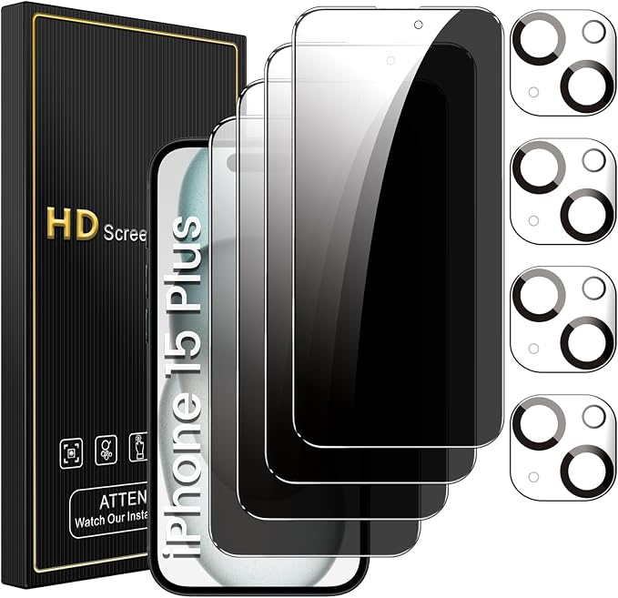Romkasi 4 Pack Privacy Screen Protector for iPhone 15 Plus 6.7 Inch with 4 Pack Camera Lens Protector, Anti Spy Tempered Glass Film, Anti-Scratch, Touch Sensitive, Case Friendly by Unknown