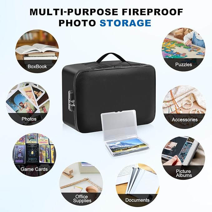 FUIJOL Fireproof Photo Storage Box with 18 Inner 5x7 Photo Cases, Lockable Collapsible Box with Handle, Photo Boxes Storage for Picture, Portable Photo Organizers and Storage for Scrapbook & Documents - Image 7