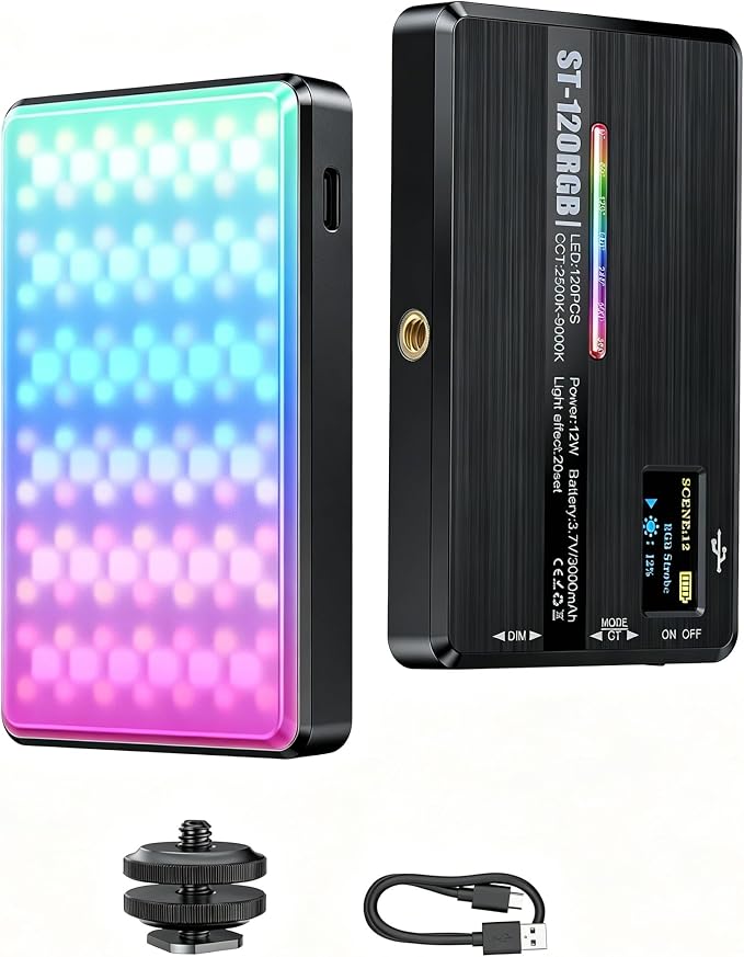 120 RGB Video Light, Photography Light, Color Temperature 2500-9000K 360° Full Color with 20 Lighting Effects, 3000mAh Battery, OLED Display, DSLR Lighting for TikTok, Photography, Video Conference by SEAEYES