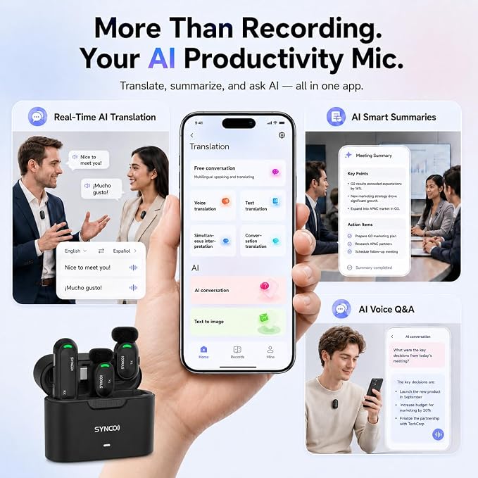 SYNCO AI Mini Wireless Lavalier Microphone for Android USB-C Creators | AI Translation & Instant Summaries, AI Noise Reduction and Mind Maps, Save Time for Vlogs, Interviews, Meetings, Travel - Image 6