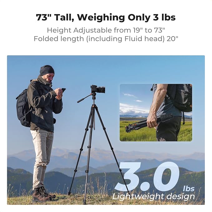 K&F CONCEPT 73" Camera Tripod with Fluid Head | Aluminum Travel Tripod, Smooth Pan/Tilt for DSLR/Mirrorless/Camcorder, Max Load 6.6lb, A305A3+FH-04 - Image 4