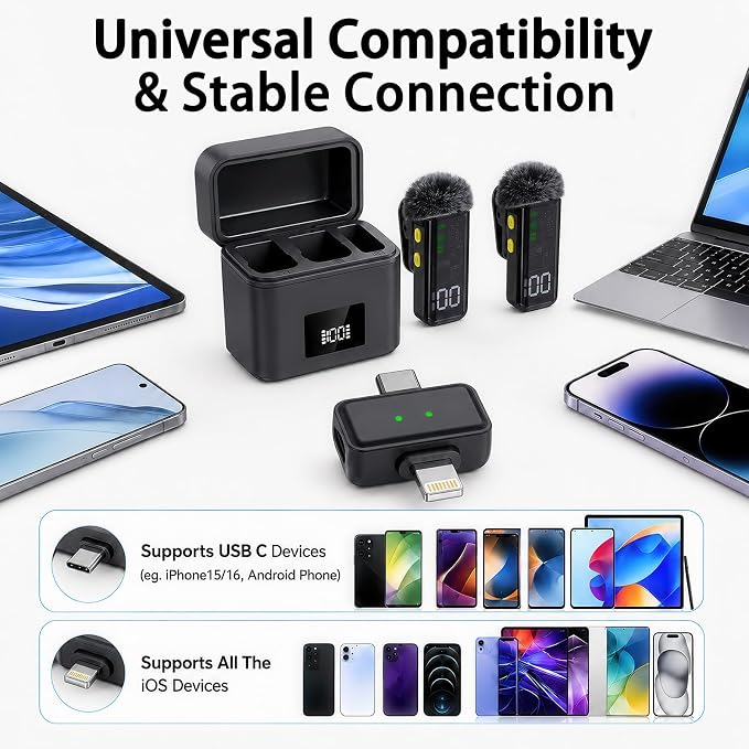 2 Mini Wireless Microphones for iPhone/Android, AI Noise Reduction | Plug & Play, 20H Battery with Charging Case, Portable Clip-On Lavalier Mic for Content Creators, Podcast, Streaming, Vlogging - Image 4