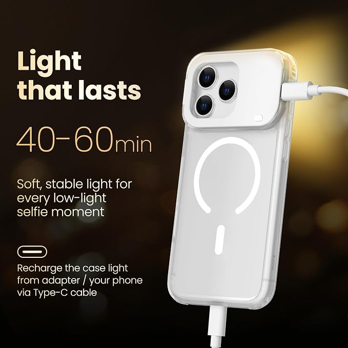 for iPhone 16 Case with Selfie Light, 3 Color Modes (White) | Compatible with MagSafe,Brightness Control, Memory Setting, USB-C Light Charging, Cable Included - Image 5