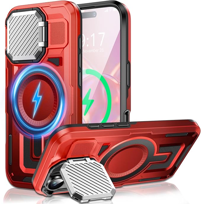 Camera Stand Case for iPhone 17, [Compatible with MagSafe] [Lens Cover] 2025 Version Military Grade Protective Soft Case for iPhone 17 6.3 inch Men Women, Red by WASTROYAL