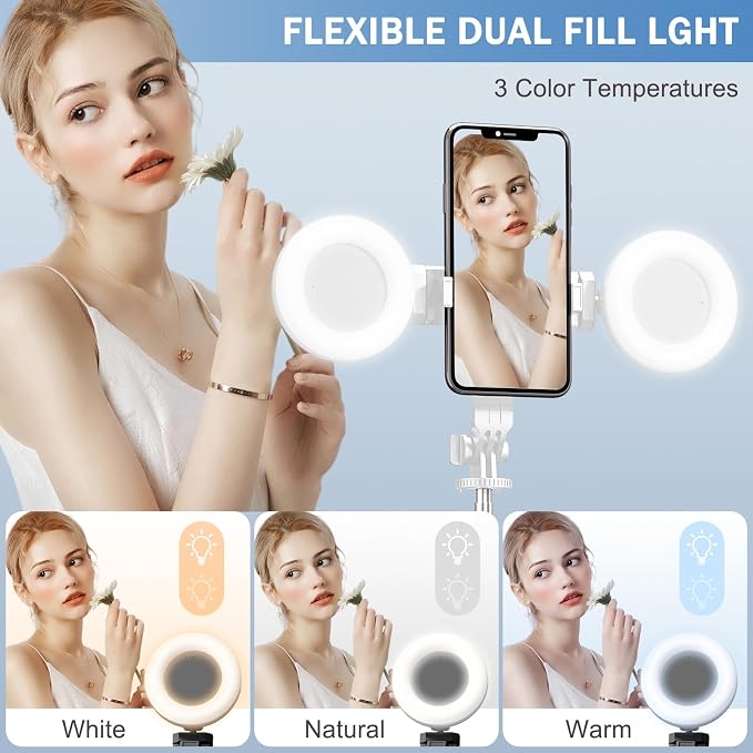 Selfie Stick Tripod with Fill Light, Phone Selfie Stick,Durable Stainless Steel Design,Bluetooth Remote Control,and Stable Three-Legged Support for Live Broadcasts,Video Shooting (White) - Image 5