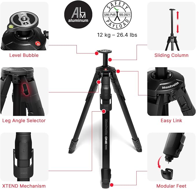 Manfrotto ONE Photo, Aluminum Tripod, 26.4 lbs Load, 90° Horizontal Column, XTEND Legs Fast Setup, Sliding Center Column, Modular Feet, Professional Photo Tripod for DSLR & Mirrorless Cameras - Image 2