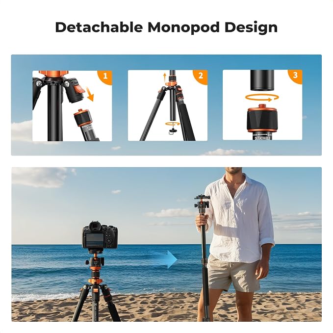 K&F CONCEPT 78" Aluminum Camera Tripod | 81" Monopod, 22lb Max Load, for DSLR/Spotting Scope/Camcorder, Heavy Duty Travel Tripod, O234A7+BH-28L - Image 6