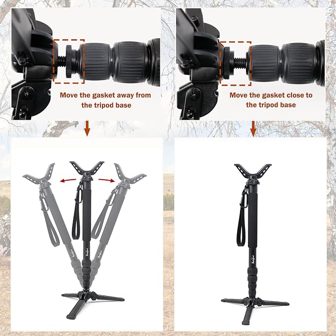 Hunting Monopod Shooting Tripod Stick Gun Rifle Rest | Tiltable and Horizontally Rotatable Tri-Stand Tripod Base, 21"-65" Height Adjustment, Matt Aluminum Construction - Image 2