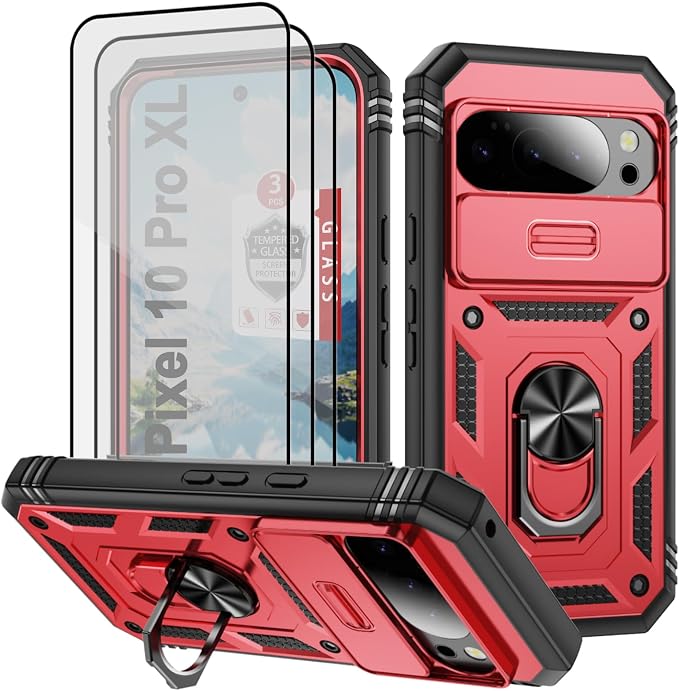 for Google Pixel 10 Pro XL Case, Pixel 9 Pro XL Case, with 3 Pcs Tempered Glass Screen Protector Built in Ring Stand Kickstand + Camera Cover, Hard PC Soft TPU Defender Full Body Protective Cover -Red by Unknown