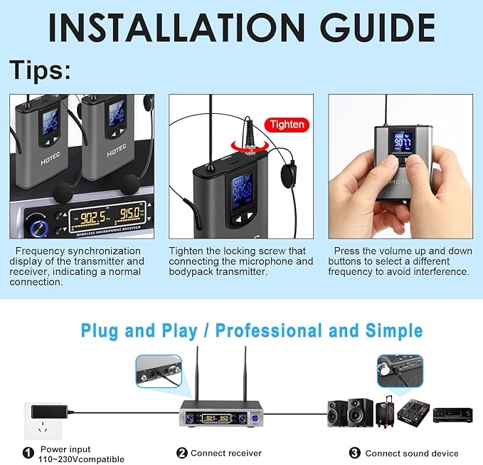 HOTEC UHF Wireless Microphone System with Dual Lapel/Lavalier and Headset Microphones Over PA, Mixer, Speaker, Karaoke Machine for Church, Training, Classroom, Interview (H-K25) - Image 6