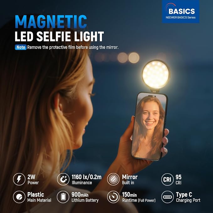 NEEWER Basics Magnetic LED Selfie Light Compatible with MagSafe iPhone, Desk Stand Phone Holder with Makeup Mirror 1160lx/0.2m 900mAh CRI95 Fill Lighting for Video Recording Streaming, Black NL48R - Image 2