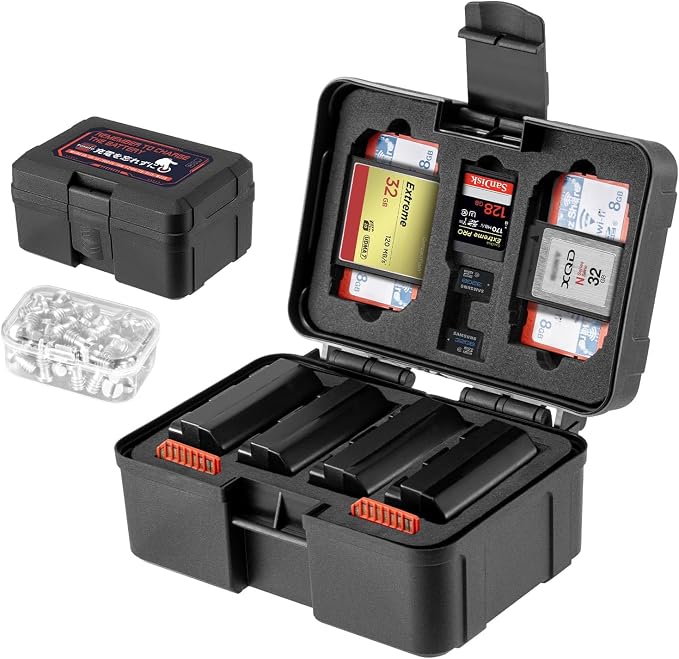 FOMITO Camera Battery Case & Memory Card Organizer - Holds 7 SD Cards 2 CFast 2 CF 2 Micro SD 2 XQD - Water-Resistant Shockproof Hard Shell Storage Box (Black Red) by FOMITO