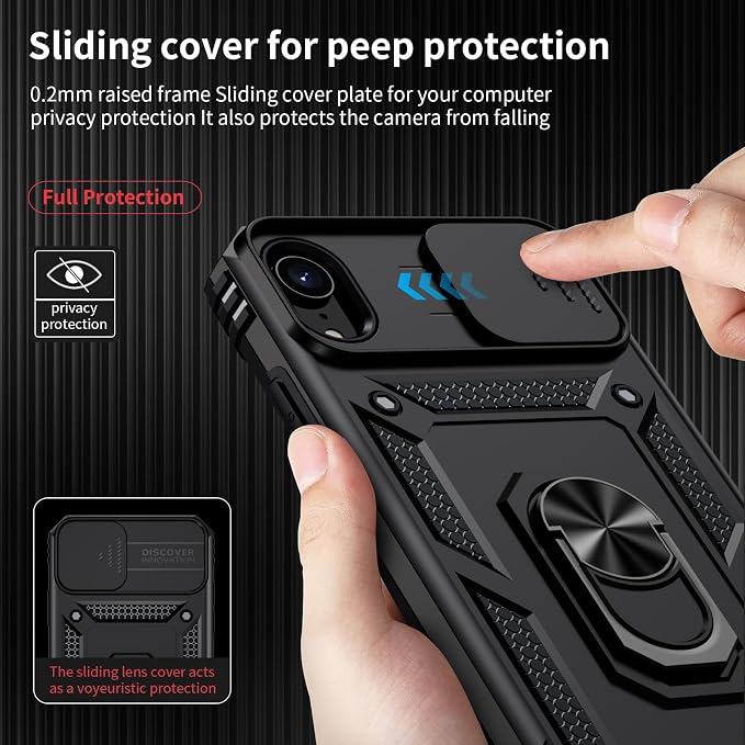 for iPhone XR Case with Camera Lens Cover, HD Screen Protector, 10 FT Military Grade Drop Protection, Magnetic Ring Holder Kickstand Protective Phone Case, Black - Image 3