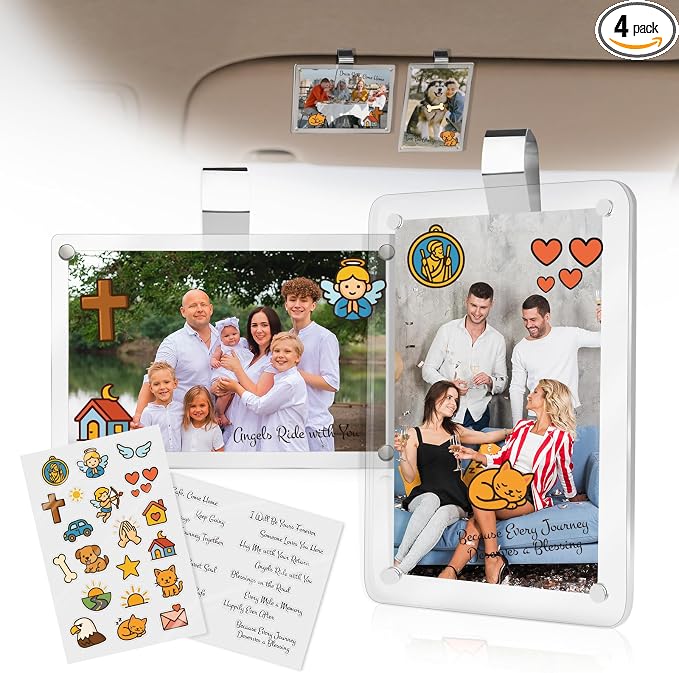 2Pcs Car Picture Holder for Sun Visor,Clear Acrylic & Strong Magnetic Car Visor Photo Clip with Safe Driving &Guardian Icons Stickers, Cute Car Accessories,Gift for Family & Friends (2.8x4.7) by Unknown