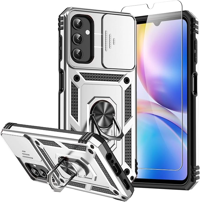 for Samsung Galaxy A14 5G Case with Screen Protector & Camera Lens Cover, [Military Grade] 16FT Drop Tested, Magnetic Kickstand Rugged Shockproof Protective Case for Samsung A14 5G, Silver by SKMY