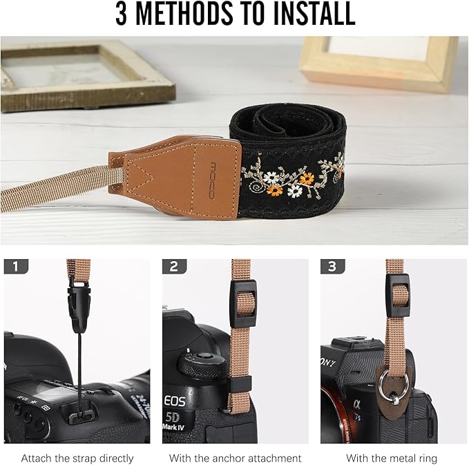 MoKo Camera Strap Compitable with Canon/Sony/Nikon/Minolta/Panasonic/DSLR | Cotton Vintage Camera Strap,Adjustable Neck Shoulder Strap,for Camcorder,Binoculars,for Adults Kids, Black Plum Blossom - Image 3