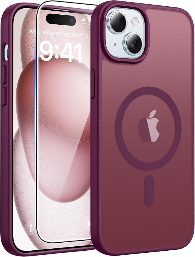 FNTCASE for iPhone 15/14/13 Case, Fit for Magsafe, Glass Screen Protector | Translucent Matte, Magnetic Phone Cases, 14FT Military Grade Drop Protection, Slim Shockproof Protective Cover, Wine Red by FNTCASE