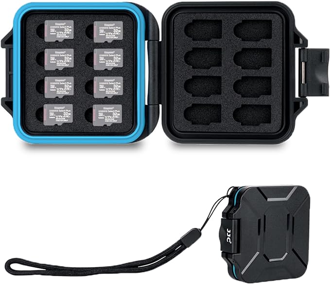 JJC Small TF Micro SD Card Case Holder for 16 Microsd Memory Cards | 16 Slots, Slim & Lightweight Design, Water-Resistant & Shockproof, Soft EVA Interior, Includes Wrist Strap, Easy to Carry by JJC