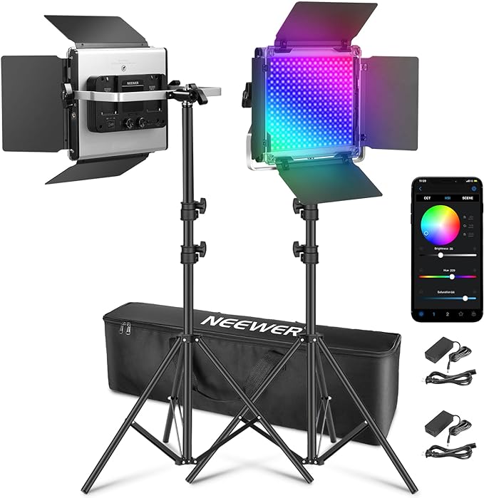 NEEWER Upgraded 660 PRO II RGB LED Video Light w App Control Tripod Stand | 2 Pack Kit, 50W, 1% Min Dimming, CRI97+, 3200K-5600K, for Game Streaming YouTube Studio, Bluetooth by Neewer