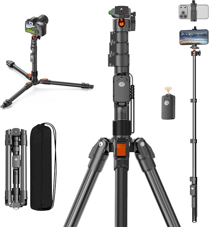 75" Camera Tripod,Aluminum Tripod for Camera Phone/Monopod with Remote | Cell Phone Tripod for iphone with Ball Head,Camera Stand for Canon/Sony/DSLR/Digital Camera Accessory Kits,Max Load 17.64lb by XXZU