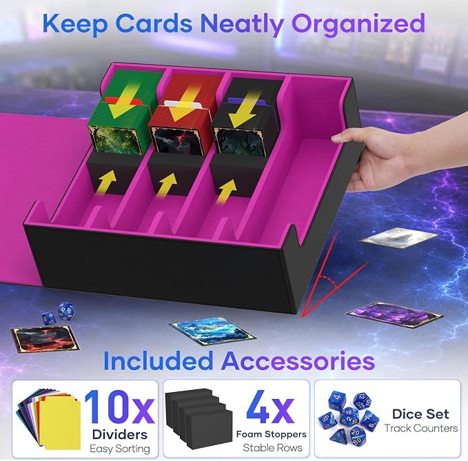 Mlikero Trading Card Storage Box, Bulk Card Storage for 2400+ Sleeved Cards, PU Leather Magnetic Closure Card Organizer with 10 Dividers & 4 Foam Stoppers, Fit for MTG, TCG and Sports Cards (Purple) - Image 4