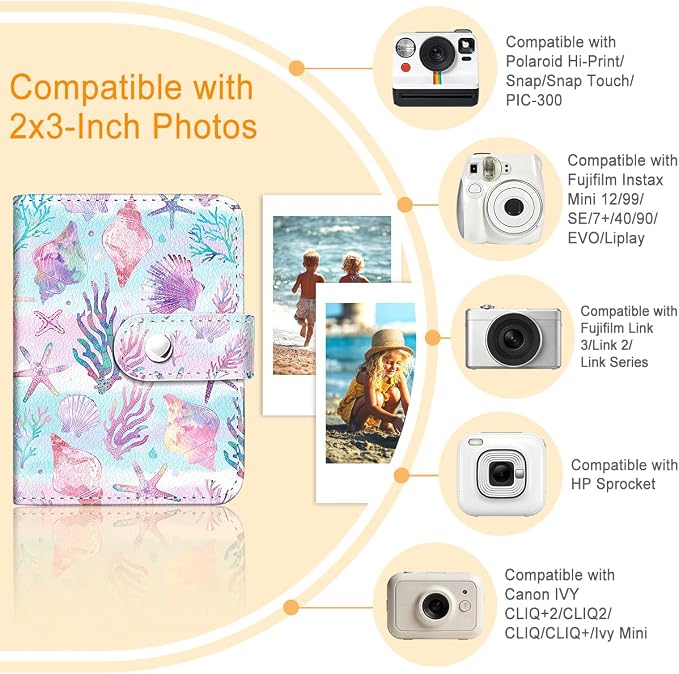 Seashell Starfish Small Photo Album for 2x3 Inch Films, 56 Pocket | Mini Cute Picture Book, Wallet Size, for Polaroid Fujifilm Instax Mini Instant Camera Printer, Kpop Photocard Binder Holders - Image 3