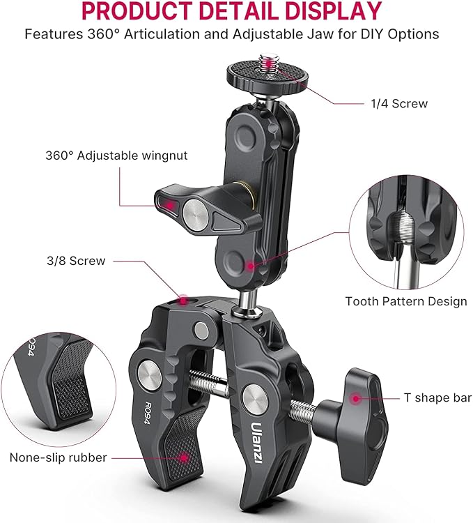 ULANZI Super Clamp Camera Clamp Mount Monitor 360° Ballhead MagicArm Double | Ball Head Adapter with 1/4"-20 & 3/8"-16 Thread ST-07 Phone Tripod Mount - Image 4