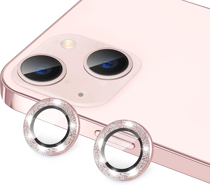 for iPhone 13 Mini & iPhone 13 Camera Lens Protector, Bling Glitter 9H Tempered Glass Camera Cover Anti Scratch Shockproof Screen Protector Individual Ring - 2Pcs Glitter Pink by Hsefo