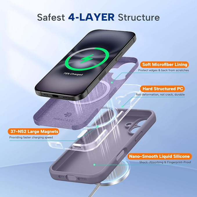 miracase Magnetic for iPhone 16 Plus Case, [Soft Anti-Scratch Microfiber Lining], Compatible with MagSafe, Liquid Silicone Shockproof Drop Protection Phone Case for 16 Plus,Lavender Gray - Image 6