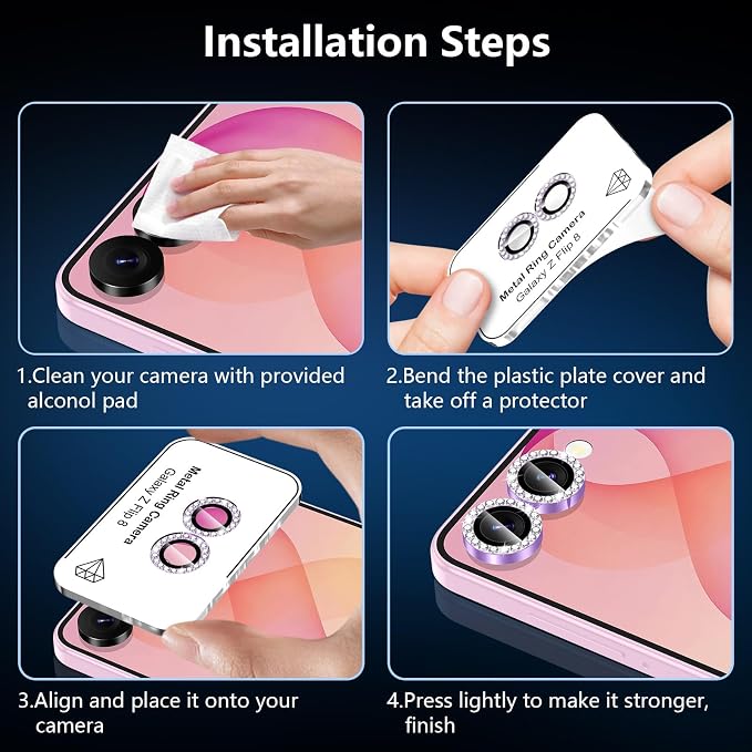 for Samsung Galaxy Z Flip 8 Camera Lens Protector, Individual Metal Ring Tempered Glass Lens Cover, [Strong Adsorption] Scratch Resistant Ultra-Thin HD Clear Lens Cover, 1 Set-Purple Diamond - Image 7