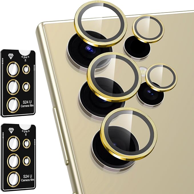 for Samsung Galaxy S24 Ultra Camera Lens Protector, Individual Metal Ring Tempered Glass Lens Cover, [Strong Adsorption] Scratch Resistant Ultra-Thin HD Clear Lens Cover, 2 Sets-Gold by Btscase