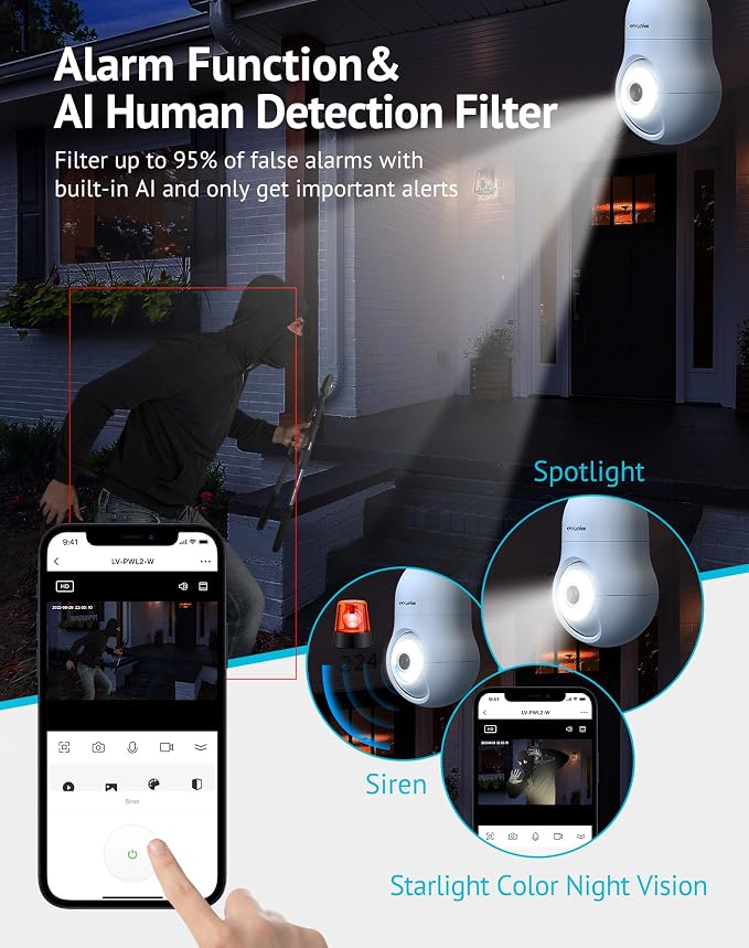 LaView 4MP Bulb Security Camera 2.4GHz,360° 2K Security Cameras Wireless Outdoor Indoor Full Color Day and Night, Motion Detection, Audible Alarm, Easy Installation, Compatible with Alexa - Image 6