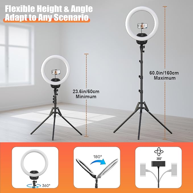 14'' Selfie Ring Light with 63'' Tripod Stand & Phone Holder, Dimmable LED Phone Ring Light for Video Recording/Live Streaming/Makeup/YouTube/TikTok, Circle Light with Remote for Phone&Camera - Image 3