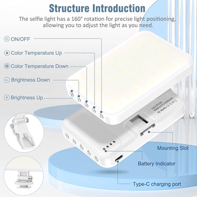 60 LED Portable Selfie Light Video Conference Lighting with Clip & Camera Tripod Adapter Rechargeable 2200mAh CRI 97+, 9 Light Modes for Phone iPhone Webcam Laptop Photo Makeup - Image 4