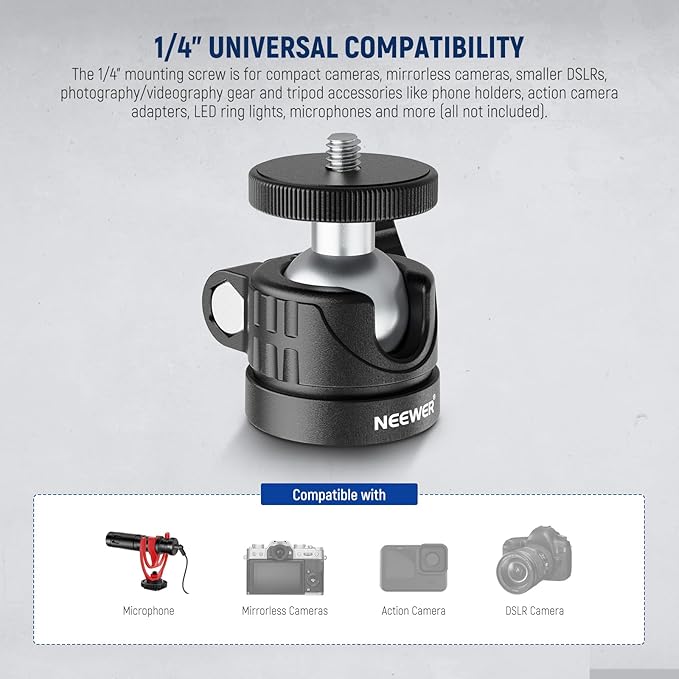 NEEWER Basics Mini Ball Head, Portable Tripod Head Camera Mount Adapter | 1/4" Screw, for Compact DSLR, Action Cam, Phone, LED Ring Light Monopod, Slider, 4.4lb Max Load, 360° Swivel, 90° Tilt, GM01 - Image 3