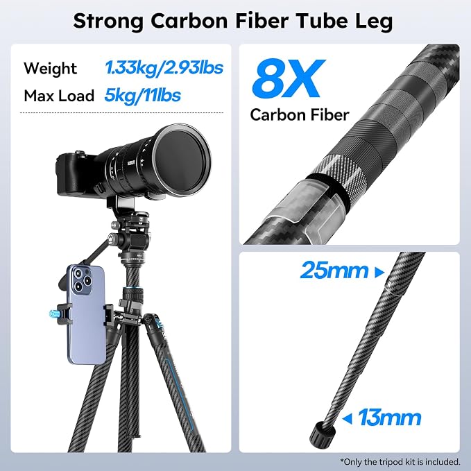 SIRUI Traveler Air Carbon Fiber Travel Tripod, KV-5 Fluid Head, 61" | 1.33kg Lightweight, 360° Pan, -80° To 90° Tilt, 2s Quick Release Leg, Reversible Column, Max Load 5kg - Image 4