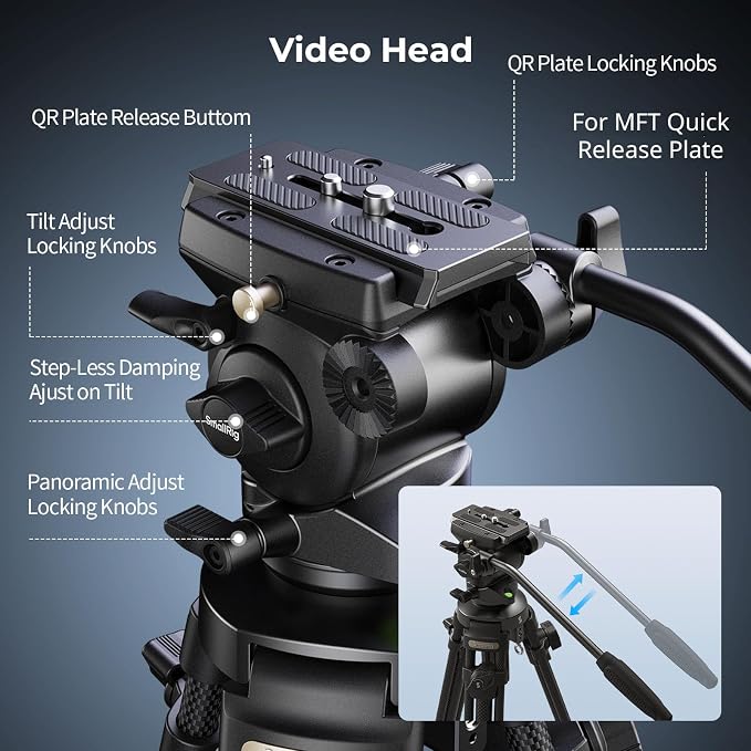 SmallRig AD-50 Carbon Fiber Video Tripod 64" Lightweight Fluid Head | Max. Payload 13.2lb, Step-Less Damping Fluid Head, Detachable Handle, Lift Rope, for Camcorder and Cameras - Image 6