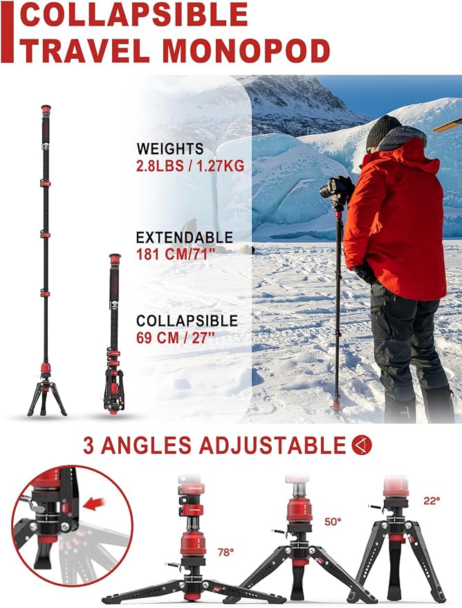 IFOOTAGE Cobra 3 C180F-P+K5S Carbon Fiber Camera Monopod 71" | Travel Monopod with Feet, 1/4" & 3/8" Quick Release Compatible with Sony Canon Nikon DSLR Camera, Payload 17.6lb - Image 4