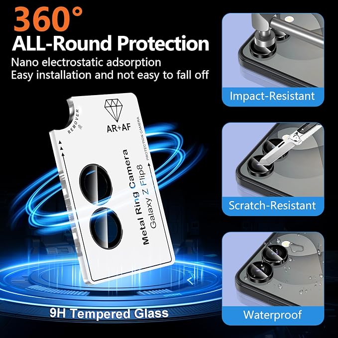 for Samsung Galaxy Z Flip 8 Camera Lens Protector, Individual Metal Ring Tempered Glass Lens Cover, [Strong Adsorption] Scratch Resistant Ultra-Thin HD Clear Lens Cover, 1 Set-Black Ring - Image 2